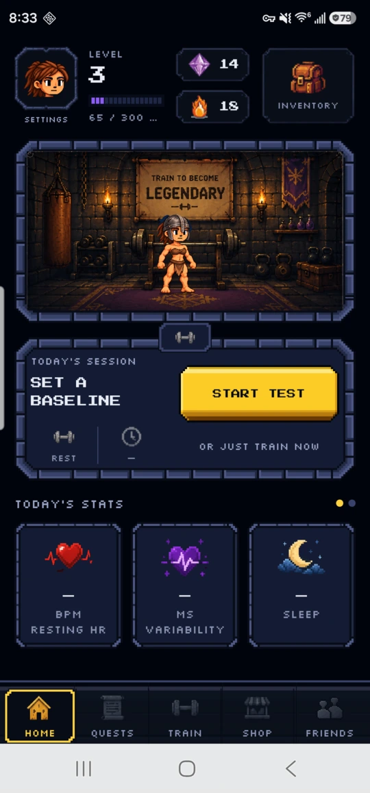 The home screen, character now wearing earned gear