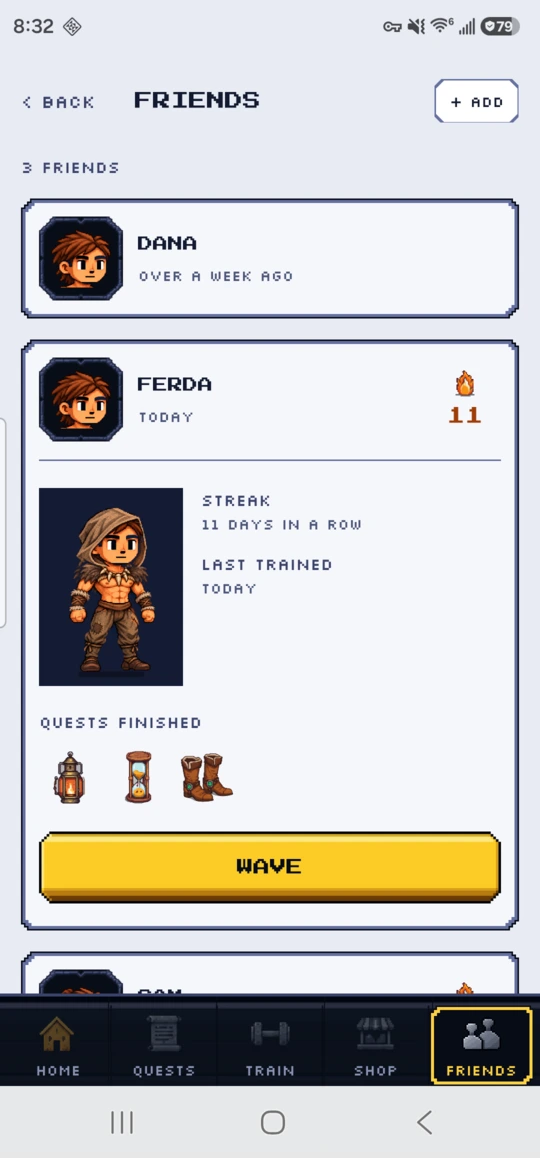 The friends screen: characters, streaks and finished quests, with no ranking or comparison anywhere